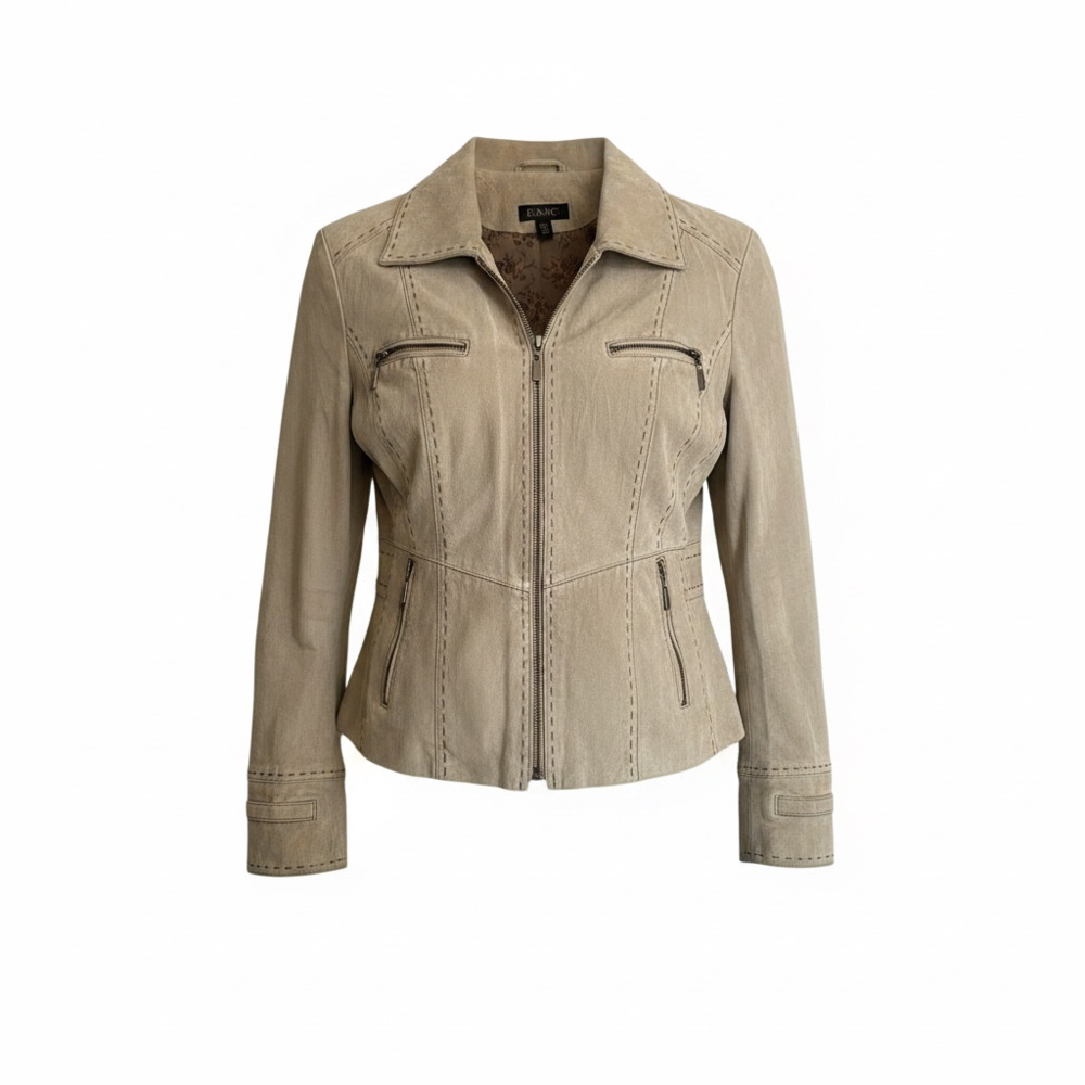 EMC Women's Tan Suede Leather Moto Zip Jacket with Contrast Stitching Size L